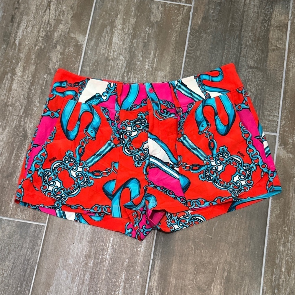 Hale Bob Vibrant Red and Pink Silk High Waist Shorts